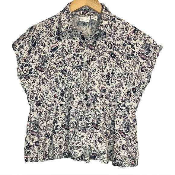 Rachel Zoe 100% Linen Floral Print Women's Cropped Short-sleeve Shirt - Picture 1 of 5